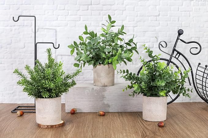 Der Rose 3 Pack Mini Potted Fake Plants Artificial Plastic Eucalyptus Plants Topiaries for Home Office Desk Farmhouse Shelf Room Bathroom Decor(Green)