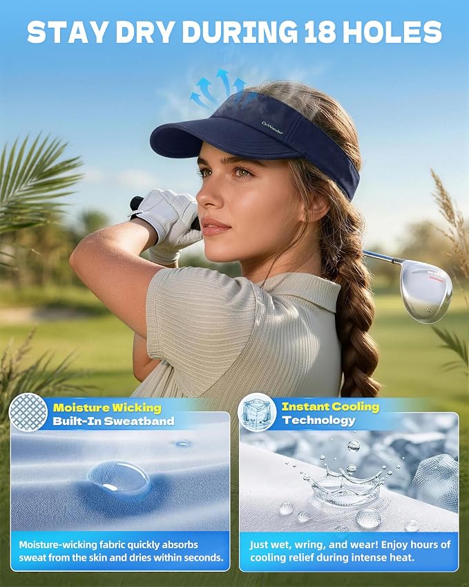 Sun Visor Hats for Women Men - Wide Brim Quick Dry Adjustable Hat | Upf 80+ Sun Protection Sport Hat, Cooling Sweatband; Breathable Quick-Dry Fabric Visors for Running, Tennis, Golf, Sports
