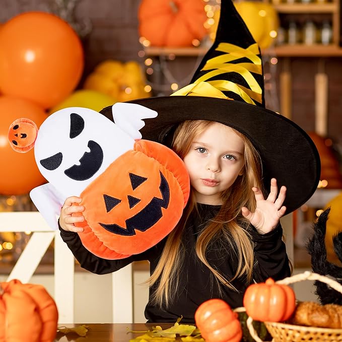 Halloween Pumpkin Plush Ghost Toy, 12 Inch Cute Spooky Jack O' Lantern Ghost Stuffed Animal, Soft Plushies Pillow Halloween Party Decor and Gifts for Kids Boys Girls