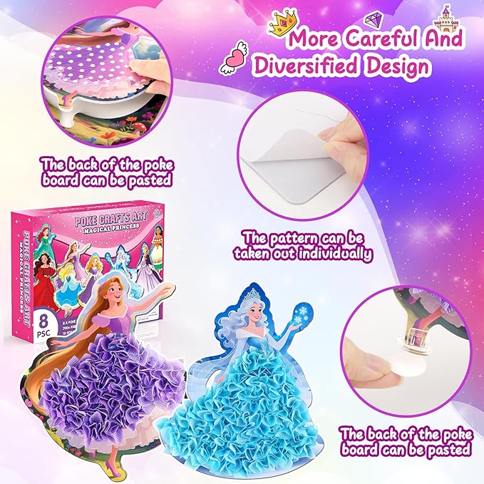 8PCS Poke Art Kits - Magical Princesses, Mess-Free Fabric Creative Art, DIY Arts and Crafts Toys for Kids Ages 3-12, Birthday Christmas Gifts & Party Favors for Girls & Boys 4, 5, 6, 7, 8, 9 Years Old