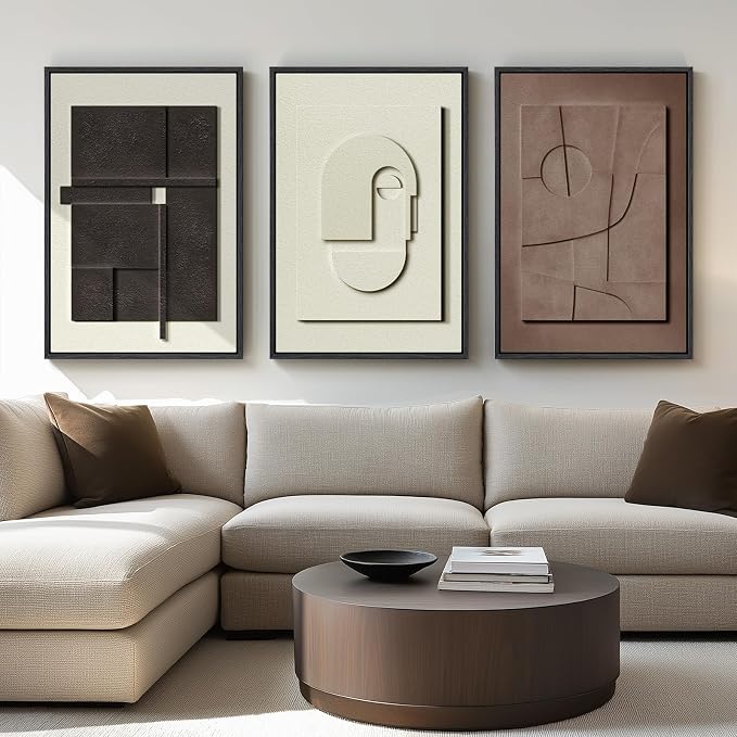 Large 3D Framed Abstract Wall Art Set, 3 Piece Modern Artwork for Walls | Solid Wood Frames, Textured Paintings, Black White Brown Neutral Tones, Living Room Dining Bedroom Office Pictures Wall Decor