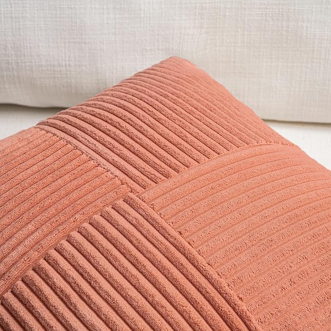 Fancy Homi 2 Packs Coral Decorative Throw Pillow Covers 18x18 Inch for Living Room Couch Bed, Rustic Farmhouse Boho Home Decor, Soft Corss Corduroy Patchwork Textured Peach Cushion Case 45x45 cm