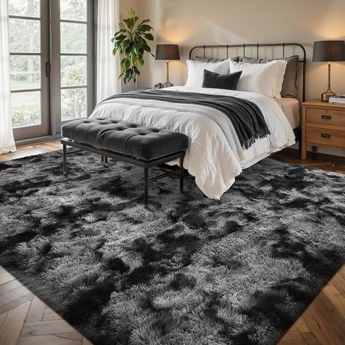 5x7 Ft Large Shag Rug for Living Room Bedroom,Tie-Dyed Ultra Soft Fluffy Furry Area Rug, Aesthetic Carpet for Indoor Floor Home Decor(Dark Grey)