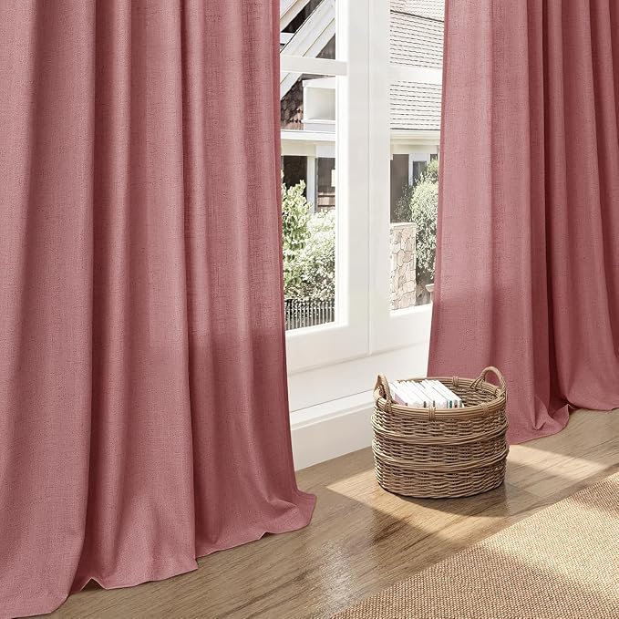 Canyon Rose Linen Curtains 80 Inch Length for Living Room Light Filtering Semi Sheer Curtain Back Tab Modern Farmhouse Decor Elegant Luxury Boho Girl Drapes for Bedroom Dinner Room 52x80, 2 Panels
