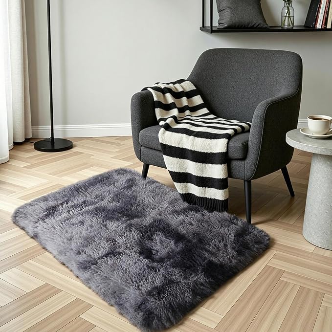 Dark Grey Fluffy Shag Rug 2x3, 2 Pcs Soft Plush Fuzzy Washable Non Slip | Modern comfy furry shaggy carpet for living room, bedroom, kids room, nursery, dorm, and baby