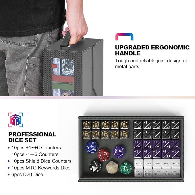 UAONO Commander Deck Box for MTG, 6-Deck Modular Card Case with Dice Tray Hold 600+ Double-sleeved Cards, Trading Cards Storage Box with MTG Dice 35PT Magnetic Card Holders, Multicolour Limited