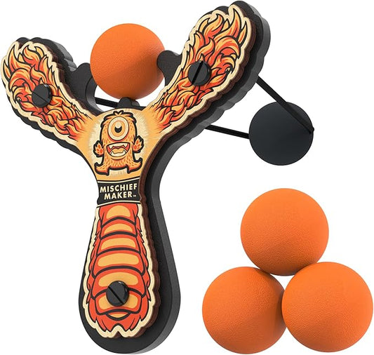 Mischief Maker® Wooden Slingshot - Lil’ Monster Series - Real Wood Slingshot for Kids, 4 Soft Foam Balls and Storage Bag - Ages 4+ (Orange)