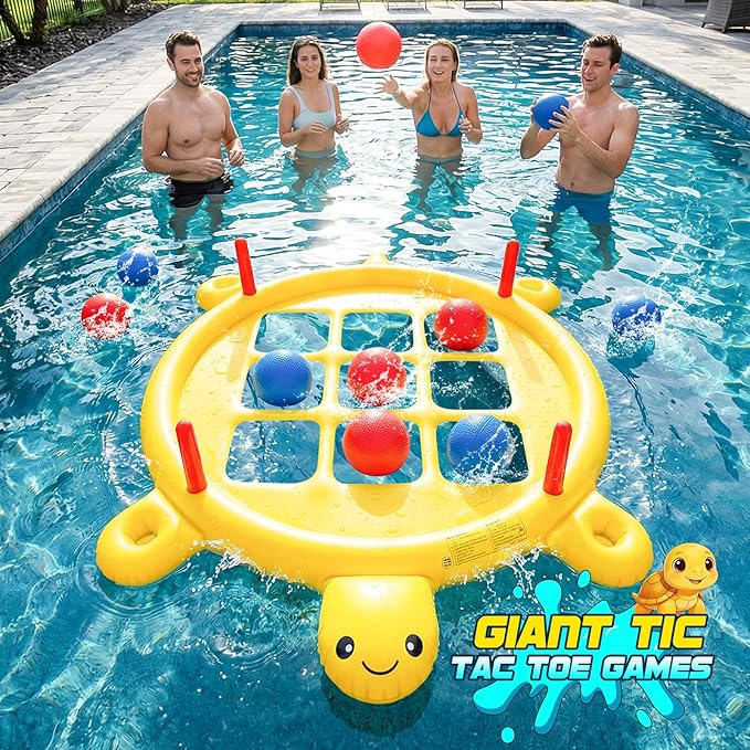 2 in 1 Pool Toys Games Set Inflatable Tic Tac Toe with 10 Balls & 10 Rings for Adults Teens Kids, Giant Floating Tic-Tac-Toe with Cup Holder, Ring Toss, Large Outdoor Yard Carnival Field Day Game