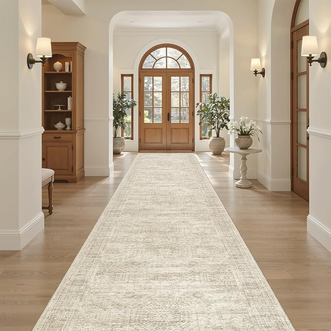 Soalmost Washable 3x14 Hallway Runner Rug Non-Slip Kitchen Entry Rugs Beige | Vintage Long Runners 14ft for Bathroom Entryway, Foldable Low-Pile Wide Floor Carpet Mat for Corridor Living Room Bedroom