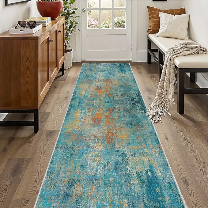 RELEANY Washable Runner 2'x10' Abstract Area Rug for Hallway Teal Multi | carpet for kitchen, entryway, bathroom, living room, bedroom, printed pattern, non-slip, soft, stain-resistant, easy to clean