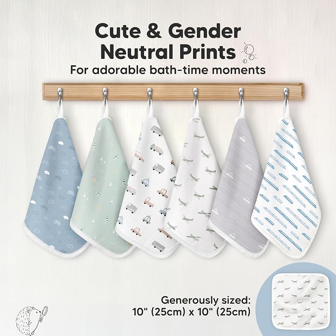 6-Pack Cotton Baby Washcloths for Newborn - Organic Cotton Muslin Soft Wash Cloths for Babies, Infant, Kids, Toddler Towels for Boy, Girl, Super Absorbent Face Cloths, Scratch-free Baby Rags (Vessels)