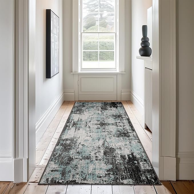 RELEANY Washable Runner 2'x8' Abstract Area Rug for Hallway Teal Black | carpet for kitchen, entryway, bathroom, living room, bedroom, printed pattern, non-slip, soft, stain-resistant, easy to clean