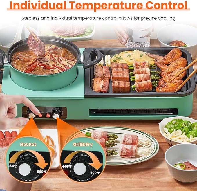 3 in 1 Electric Hot Pot with Grill Smokeless Non-Stick Pot and Griddle | Korean BBQ Grill Shabu Shabu Pot Divider Independent Dual Temperature Control for 3-5 People（1600W）