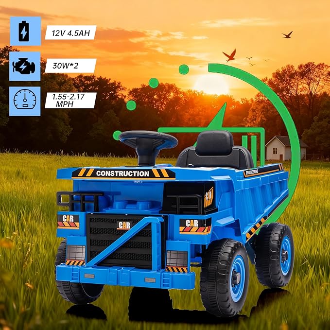 POSTACK 12V Ride On Construction Truck,Battery Powered Ride On Car with Remote Control, Kids Electric Vehicle with Shovel, Speaker, Bluetooth, Music,Boys Girls Gift, 3 Speeds,Blue