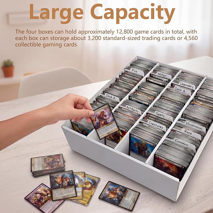 RLAVBL 4 Pack Trading Card Storage Box, 3200 Count Cardboard Card Boxes with Dividers for Sports, MTG, TCG, Toploader, 4 Row