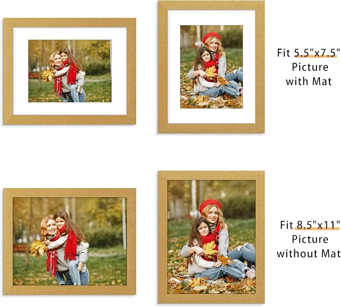 Picrit 8.5x11 Picture Frame Set of 12, Display 6x8 with Mat or 8.5 x 11 without Mat, Photo Frames for Wall Mounting or Table Top Display, Gold