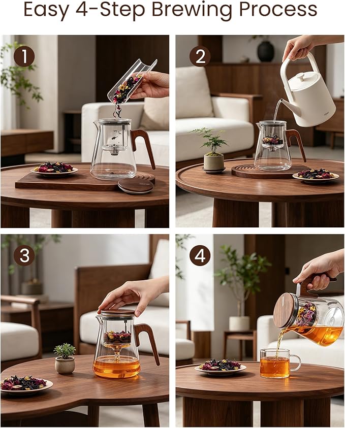 ZENS Magnetic Tea Pot, Enchanted Glass Teapot with Infuser and Magnetic Suction Lid for Mess-Free Loose Tea Diffusers, Walnut Wood Handle, Tea Lovers Gifts
