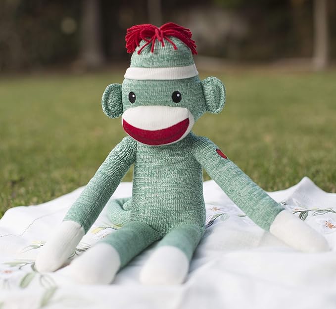 Plushland Adorable Sock Monkey, The Original Traditional Hand Knitted Stuffed Animal Toy Gift-for Kids, Babies, Teens, Girls and Boys Baby Doll Present Puppet 20 Inches (New Green)