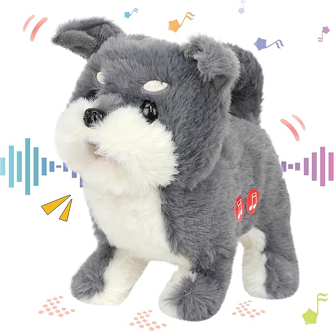 Hopearl Walking Schnauzer Repeat What You Said Interactive Electronic Pet Plush Bark Puppy Toy Animated Singing Speaking Walking Gift for Toddlers Birthday, Gray, 7''