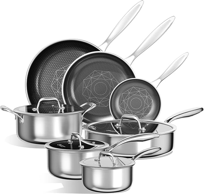 COOKER KING 11 Pcs Pots and Pans Set，Hybrid Stainless Steel Cookware Set | Non Stick, Non Toxic, PFOA Free, Oven Safe, Dishwasher Safe, Induction Compatible