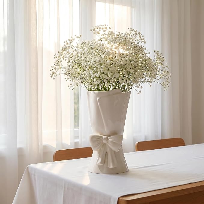 Relexome Fully Glazed White Ceramic Bow Vase 9.64 in Unique Cute Modern Decorative Bouquet Flower Vases for Home Living Room Table Summer Decor Women Gifts