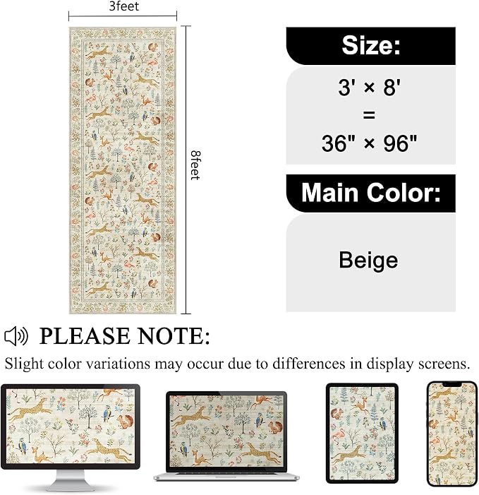 DUKINO 3x8 Runner Rug, Animal Washable Runner Rug for Kitchen, Beige | Non Slip, Low Pile, Soft Indoor Carpet Runner for Hallway, Entryway, Bedroom, Bathroom, Laundry, Pet Friendly, Non-Shedding