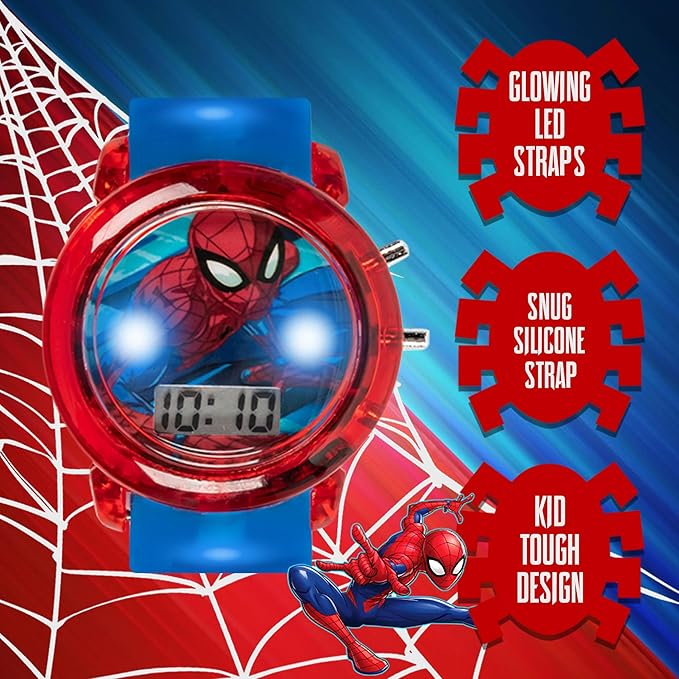 Marvel Spider-Man Kids' LCD Watch – Flashing LED Bullet Band, Digital Time Display, Red & Blue Design, Durable Plastic Case, Adjustable Silicone Strap – Fits Wrists 5.5" to 8"
