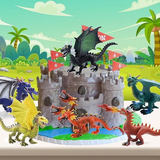 Dragon Toy Figures Cake Topper 6Pcs Ancient Realistic Dragon Figurines Mini Dragon Toys Action Figurine Flying Dragon Statue in Assorted Colors and Styles Kids Toys Birthday Party Decorations