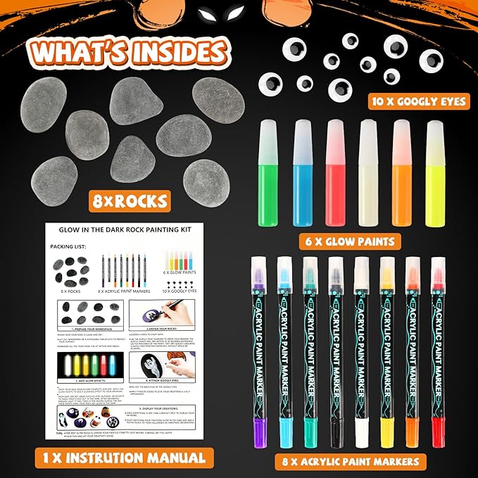 JULEASEL Rock Painting Kit, Glow in The Dark Rock Craft Paint Kits, Arts and Crafts for Kids Ages 6-12, Holiday DIY Crafts for Girls & Boys with Mess-Free Pens Markers