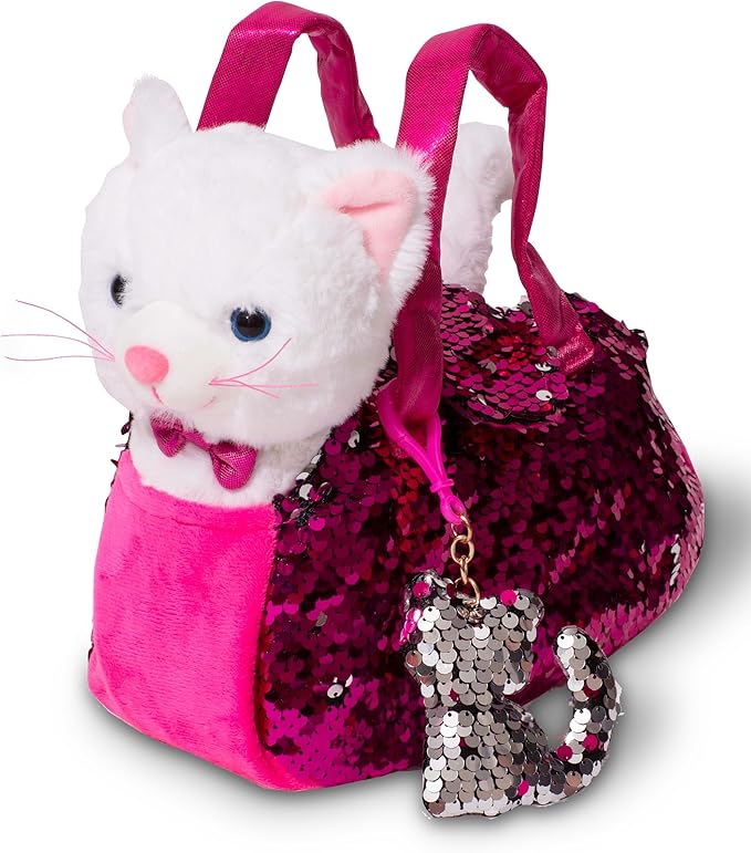 Little Jupiter Plush Pet Set with Purse - Stuffed Cat Plush Pet Carrier Set w/Reversible Sequins & Charm - (White Cat)