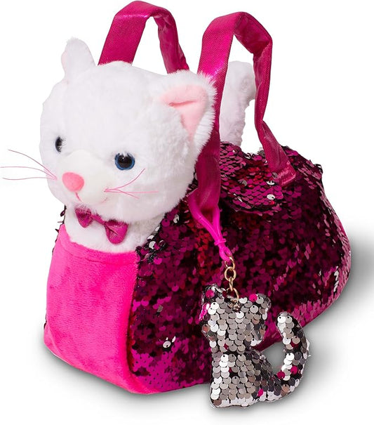 Little Jupiter Plush Pet Set with Purse - Stuffed Cat Plush Pet Carrier Set w/Reversible Sequins & Charm - (White Cat)