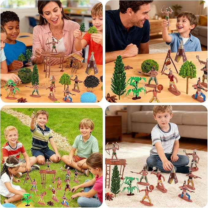 Native American Figurines Set 43 Pcs Plastic Miniature Indian Figure Toys Indian Figurines for Kids Includes Moss, Trees, Sand, Stones, Indians Action Figures for Projects Diorama Decor Birthday Gift