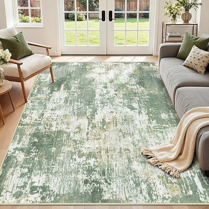 RELEANY Washable 6'x9' Abstract Area Rug for Living Room Light Green | carpet for bedroom, kitchen, office, hallway and entryway, printed pattern, non-slip, soft, stain-resistant, easy to clean