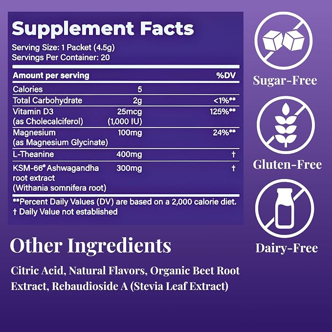 Loom Cortisol Support & Sleep Drink Mix | Ashwagandha KSM-66, Magnesium Glycinate, L-Theanine & Vitamin D3 | Stress Relief & Relaxation Powder (20 Servings)