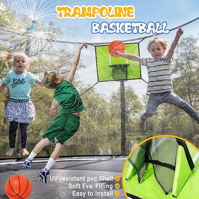 Trampoline Accessories Kit Kids,Basketball Hoop with 3 Mini Basketballs,50FT Solar Lights Fit 8 10 12 14 15 16FT Trampoline Outdoor 8 Mode,Choose from 2 Kits with Sprinkler or Dart Board & Glow Net