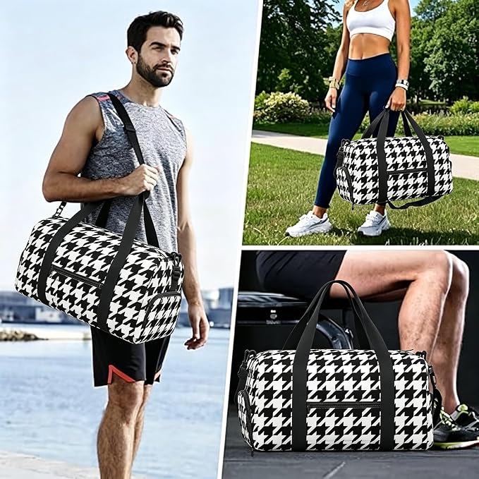 Fiokroo Sports Gym Bag Black And White Houndstooth Travel Duffel Bag For Men Women With Shoe Compartment Water Resistant Gym Bag Carry On Duffel Bag For Weekend Traveling Yoga Gym Sports