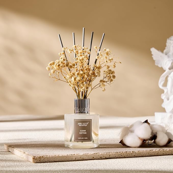 Airkeep Reed Diffuser Set,3.38 fl oz (100 ml) - Clean Cotton Oil Diffusers with 8 Reed Sticks, Home Fragrance Reed Diffuser for Bathroom Shelf Decor