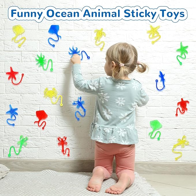 24PCS Ocean Animal Sticky Hands Toys for Kids, Rubbery Stretchy Sticky Goodie Bag Stuffers Toys for Party Favor Supplies, Colorful Sea Sticky Toy for Boys Girls Classroom Prizes