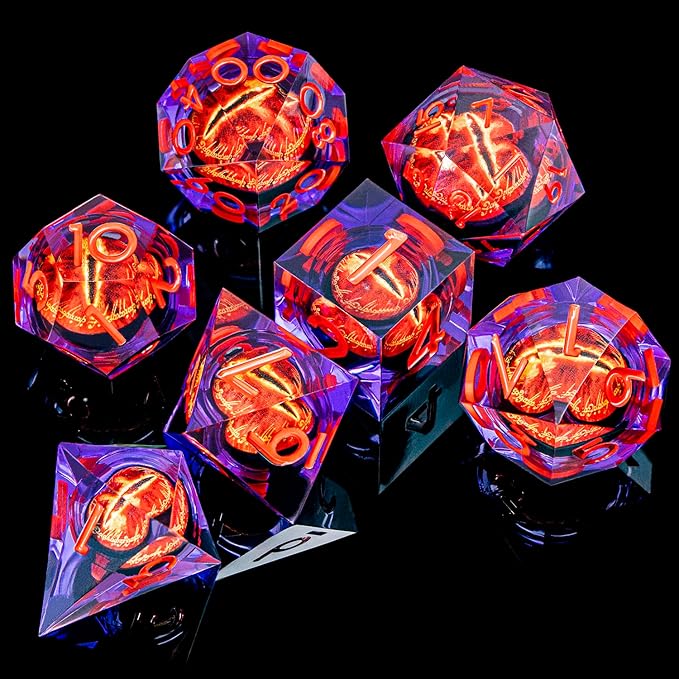ARUOHHA DND Resin Dice Gazes Eye Dice Purple Red Liquid Core Flaming RPG Sharp Edged Dice Set with Gift Box, Polyhedral D and D Dice Set Compatible with Dungeons Dragons Role Playing Game D20 D6