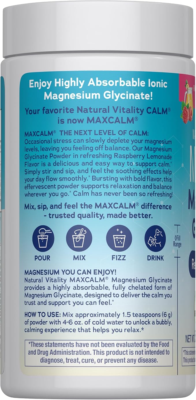 Natural Vitality MaxCalm Magnesium Glycinate Powder | Relaxing Drink Mix | Raspberry Lemonade Flavor | Non-GMO, Vegan & Gluten Free Supplement | 5oz