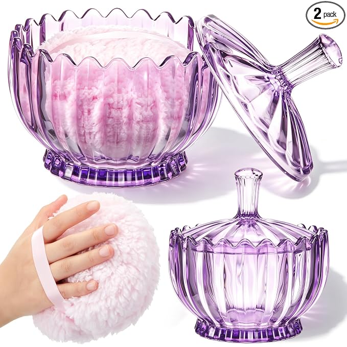 Tioncy 2 Pcs Extra Large Dusting Powder Puff and Container for Women-6'' Glass Crystal Dusting Powder Container Soft Washable Reusable Velour Face(Purple,Scalloped)