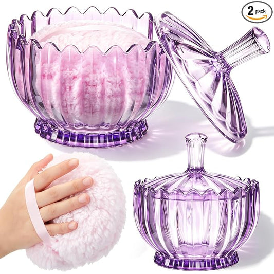 Tioncy 2 Pcs Extra Large Dusting Powder Puff and Container for Women-6'' Glass Crystal Dusting Powder Container Soft Washable Reusable Velour Face(Purple,Scalloped)