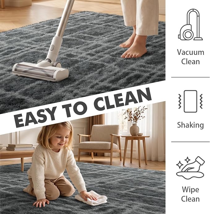 5x7 Ft Large Shag Rugs for Bedroom Living Room, Tie Dyed Ultra Soft Fluffy Furry Area Rug for Indoor Floor, Aesthetic Carpet for Home Decor (Grey)