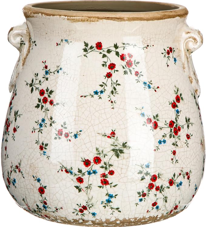 Ceramic Scroll Planter 6.5 Inch Chinoiserie Floral Vase with Drainage Holes Vintage Flower Vase Flower Pot Rustic Ceramic Pots for Indoor Plants Garden Home Bookshelf Decor(Milky)