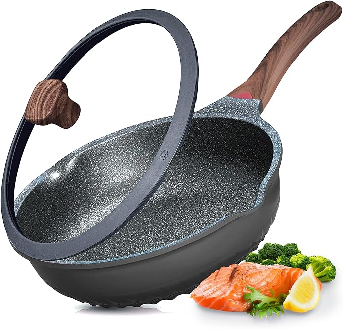 Vinchef Nonstick Deep Frying Pan Skillet with Lid, 11in/5Qt Saute Pan, German 3C+ Ceramic Coating Technology, Heat Indicator, Induction Compatible | German 3C+ toxin-free ceramic PFOA-free. Induction/gas compatible. Heat indicator handle. Lightweight d...