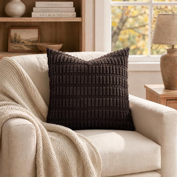 MIULEE Euro Sham Corduroy Decorative Throw Pillow Covers 24x24 Dark Brown | Pack of 2 Soft Boho Striped Pillow Covers Modern Farmhouse Fall Home Decor For Sofa Living Room Couch Bed