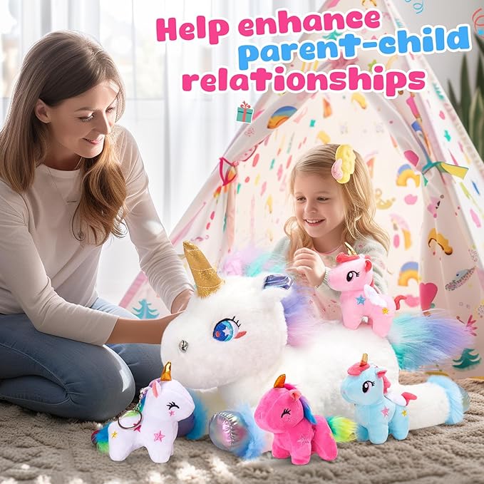 WEWILL 19'' Rainbow Unicorn Stuffed Animal, Mommy Unicorn with 4 Babies Unicorn, Magical Unicorn Pillow Plushies for Girls Ages 3-8, Unicorns Plush Toys for Christmas, Valentine's, Birthday Gifts