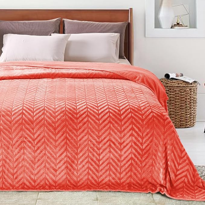 Whale Flotilla Flannel Fleece Fall Bed Blanket King Size, Coral | Lightweight Breathable Soft Bedspread, Plush Fluffy Coverlet Chevron Design Decorative Blanket for Home Life, 90x104 Inch