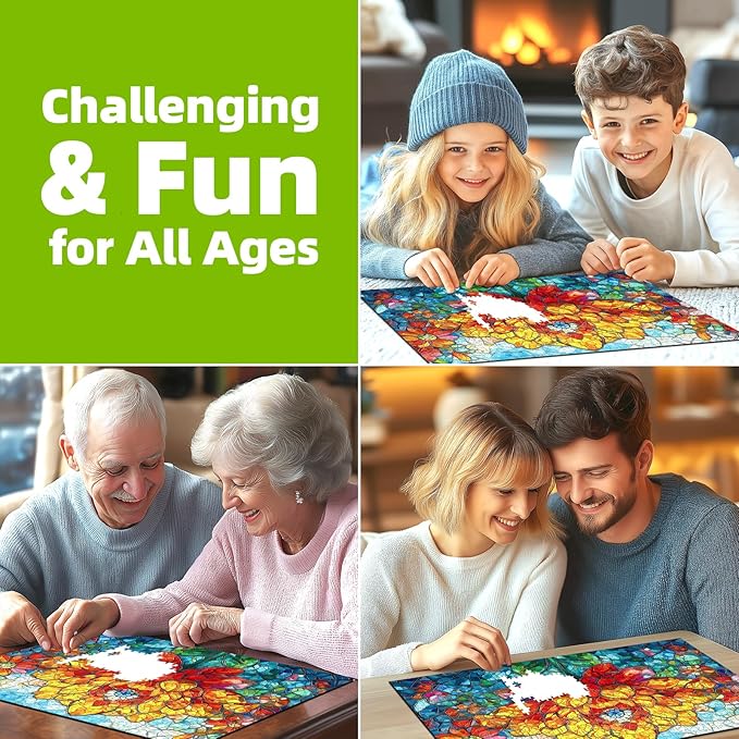Stained Glass Dahlia Floral Puzzles for Adults 1000 Pieces, Impossible Hard Difficult Challenging Puzzles for Adults, Colorful Mosaic Dahlia Floral Jigsaw Puzzle 1000 Pieces