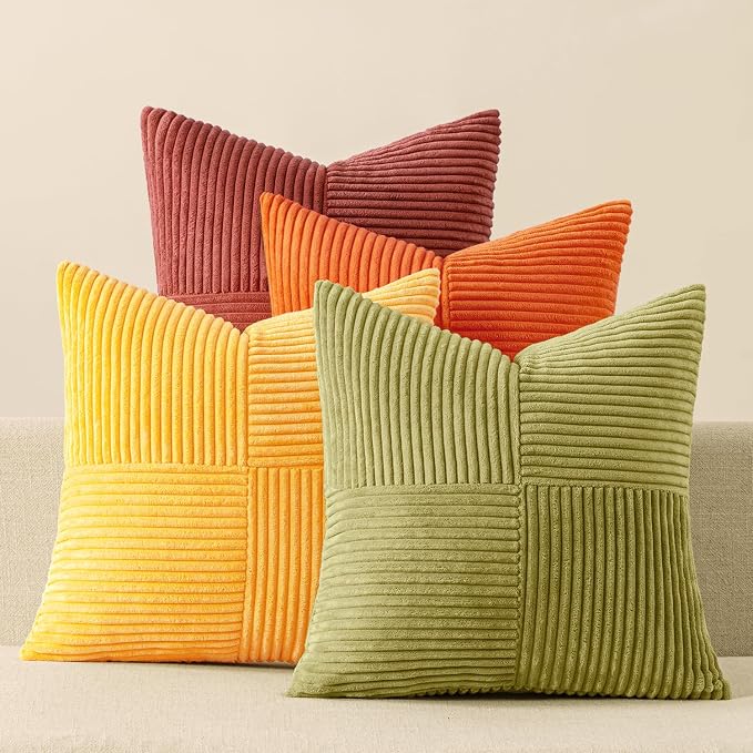 MIULEE Fall Yellow Orange Rust Throw Pillow Covers 20x20 Inch 4 Packs Boho Farmhouse Decorative Color-Clash Pillow Cases Soft Cushion Cases for Couch Sofa Bed Corduroy Striped Home Decor